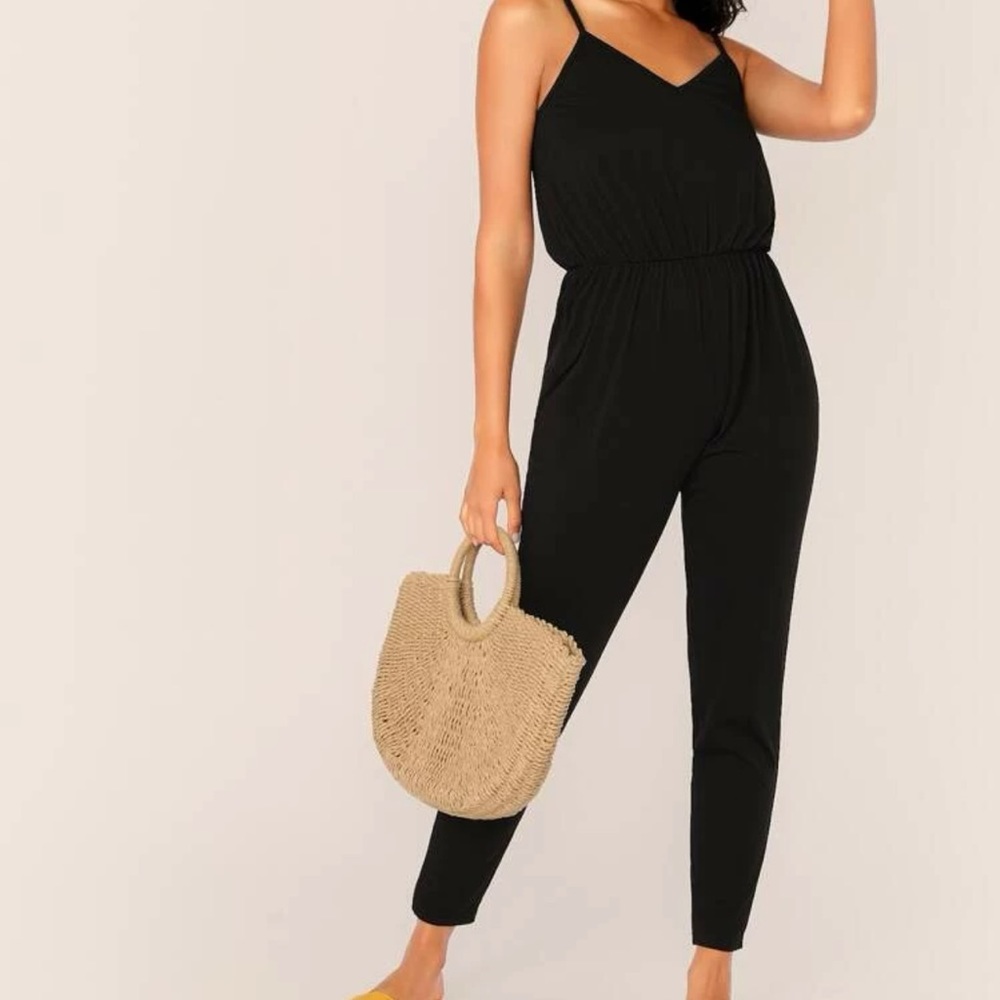Black solid straight leg jumpsuit